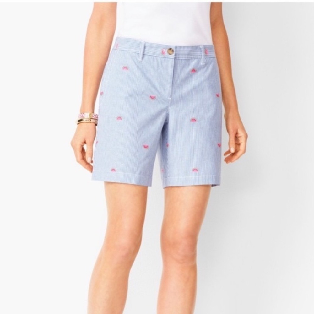 Talbots Girlfriend Chino Shorts Blue White‎ Striped Watermelon Embroidered 4P